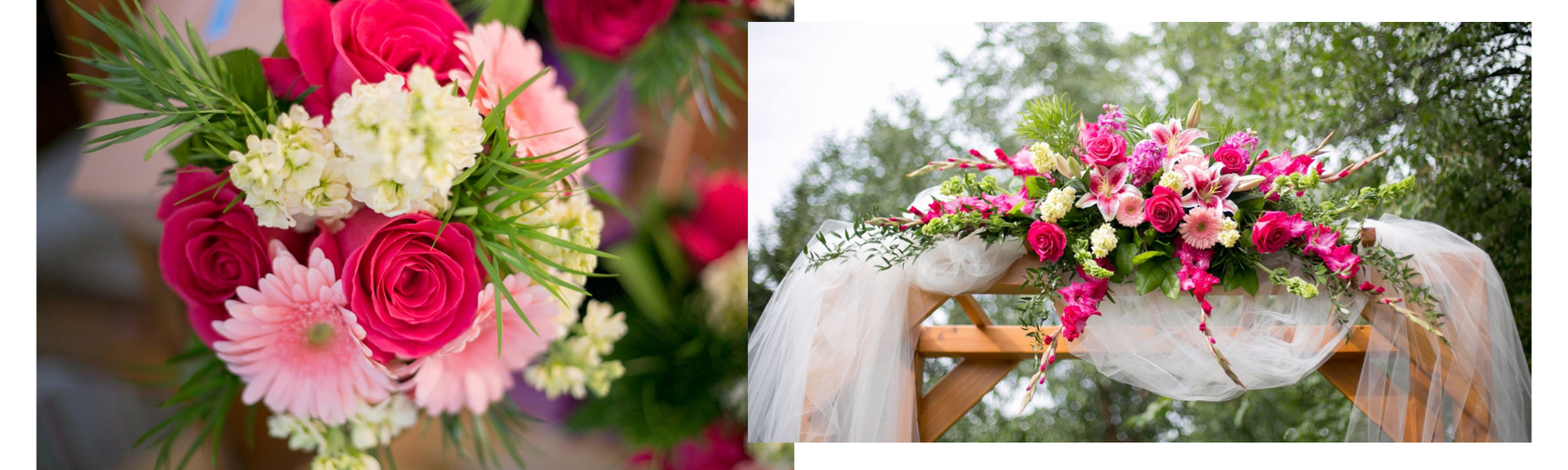 Bright pink and white floral arrangements on a decorated outdoor table with pink drapery