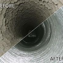 A before and after picture of a duct being cleaned.