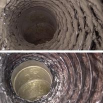 A before and after picture of a dirty air duct and a clean air duct.