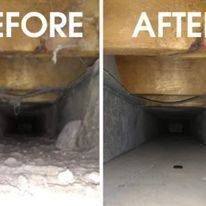 A before and after picture of a duct being cleaned.