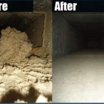 A before and after picture of a dirty duct and a clean duct.