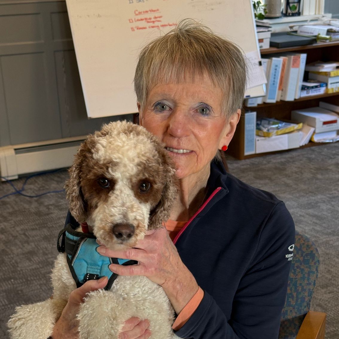 Woman with short, gray hair smiles while holding a brown and white dog on her lap. They are inside, near a whiteboard.