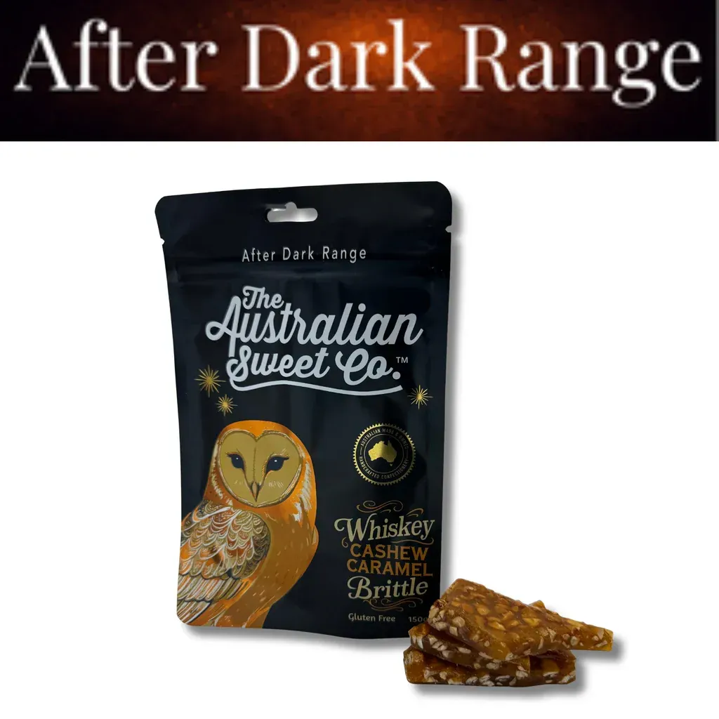 After Dark Range packaging for The Australian Sweet Co. whiskey cashew caramel brittle, with owl illustration