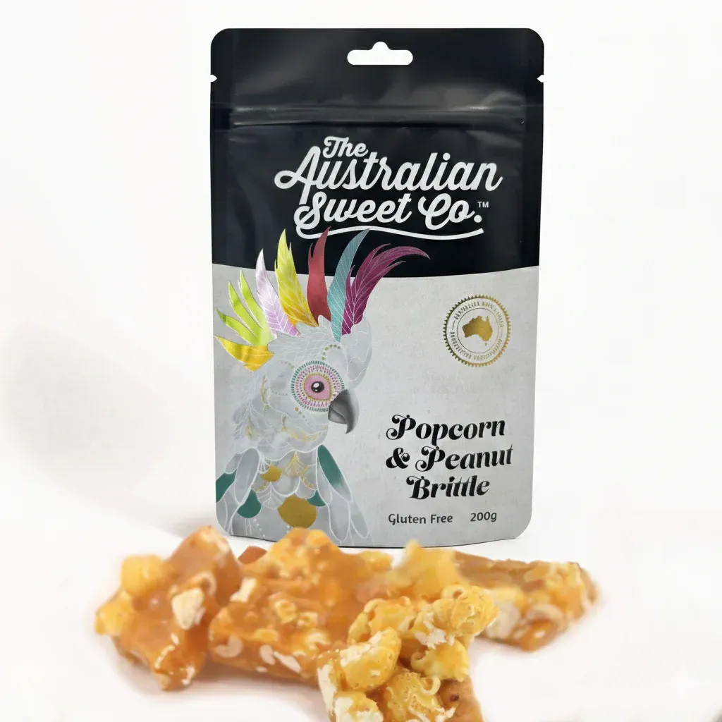 Australian Sweet Co. popcorn and peanut brittle snack bag with brittle pieces in front