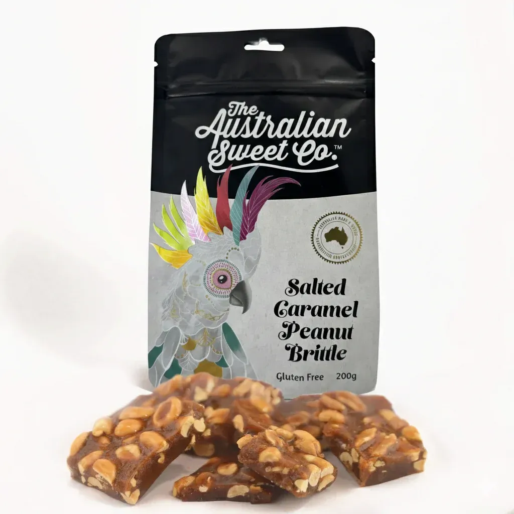 Bag of The Australian Sweet Co. salted caramel peanut brittle with pieces in front