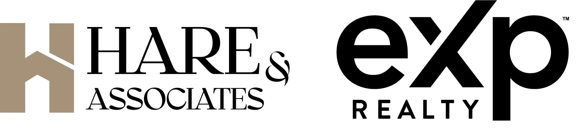 Hare Associates and eXp Realty logos side by side in brown and black on a white background