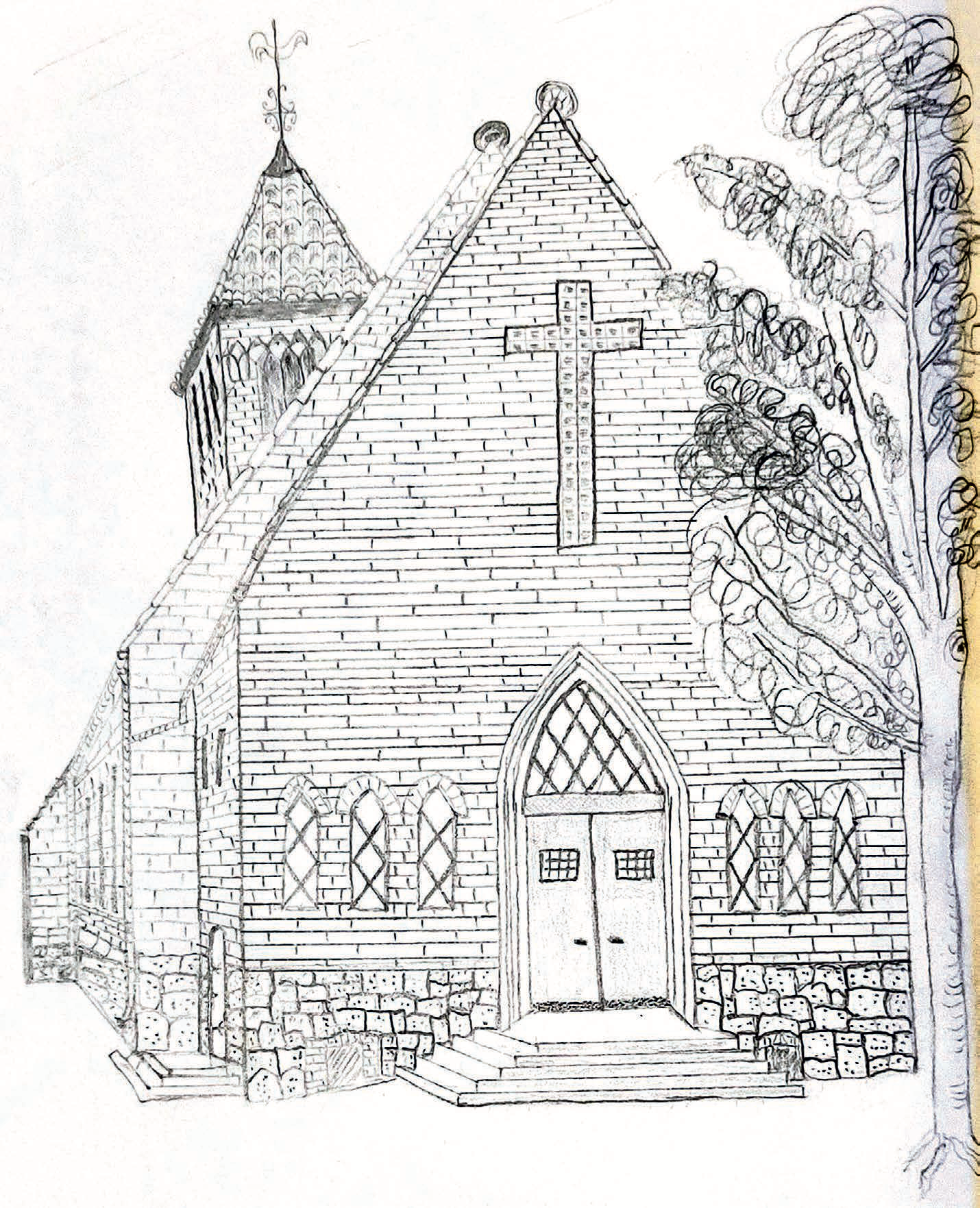 Zeichnung der Kirche Lancken-Granitz von Pastor Bohlmann, Riede (Urlauber in Seedorf) 1990er Jahre Zeichnung der Kirche Lancken-Granitz von Pastor Bohlmann, Riede (Urlauber in Seedorf) 1990er Jahre