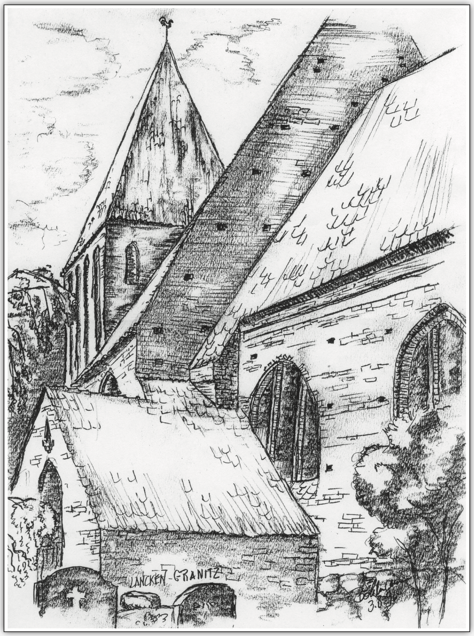 Zeichnung der Kirche Lancken-Granitz von Pastor Bohlmann, Riede (Urlauber in Seedorf) 1990er Jahre Zeichnung der Kirche Lancken-Granitz von Pastor Bohlmann, Riede (Urlauber in Seedorf) 1990er Jahre