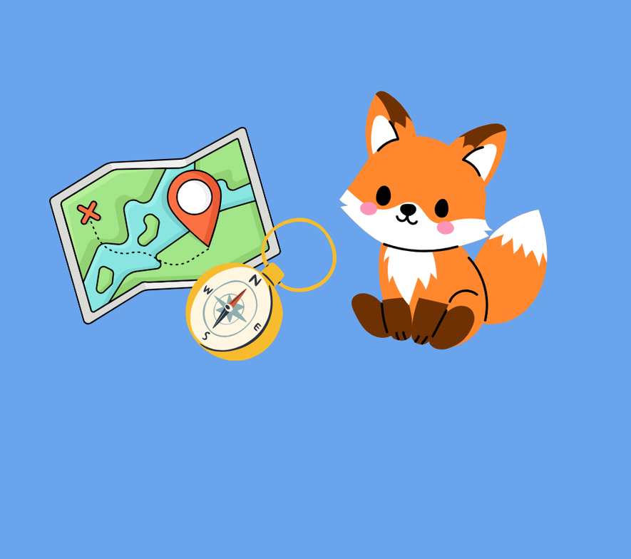 Fox cartoon with map and compass