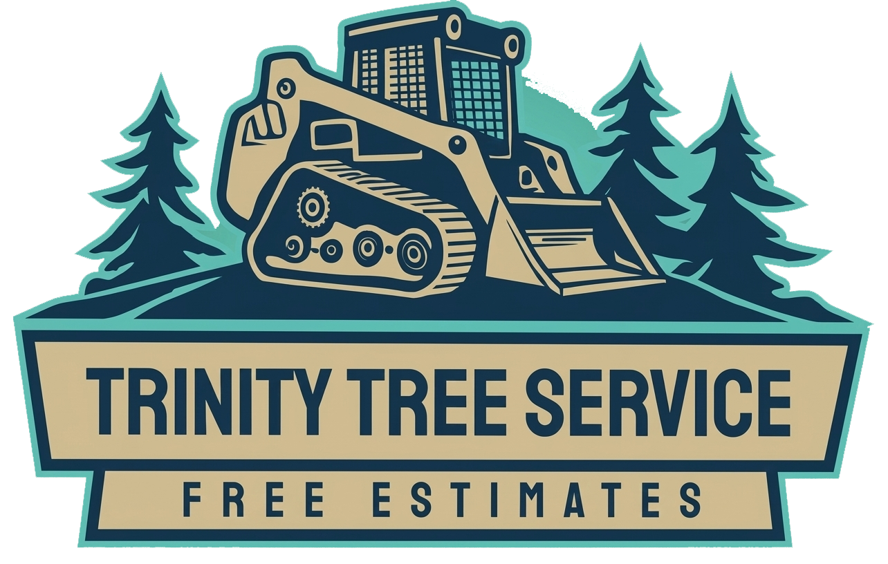 A logo for Trinity Tree Service featuring a skid steer loader silhouette with pine trees, in blue and tan.