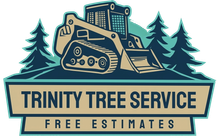 A logo for Trinity Tree Service featuring a skid steer loader silhouette with pine trees, in blue and tan.