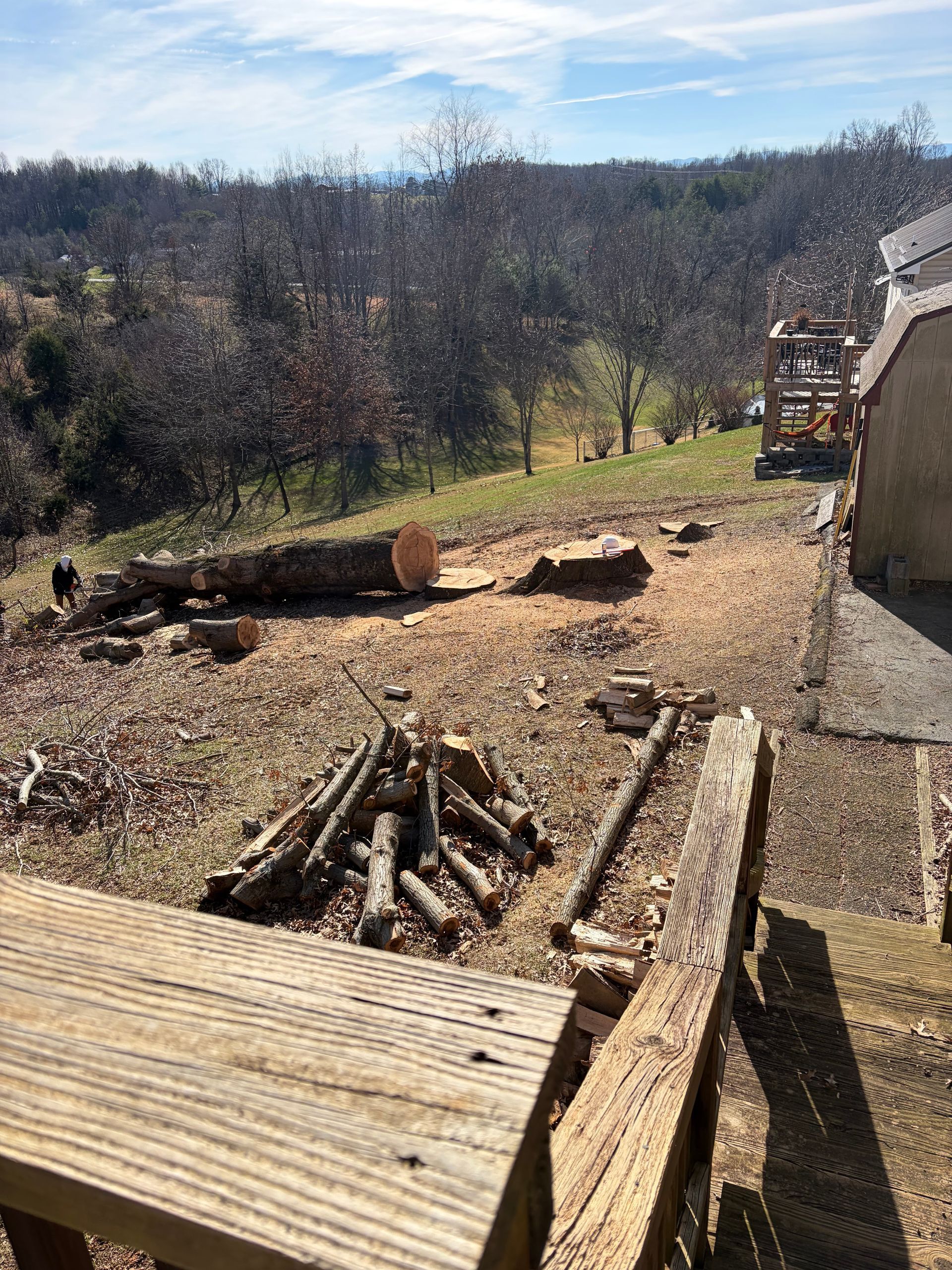A wooden deck overlooks a grassy yard with a felled tree, chopped firewood, and a distant view of trees under a blue sky.