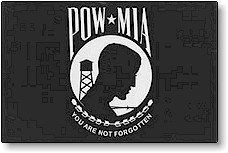 Black POW-MIA flag with a white silhouette of a man, watchtower, and the words 