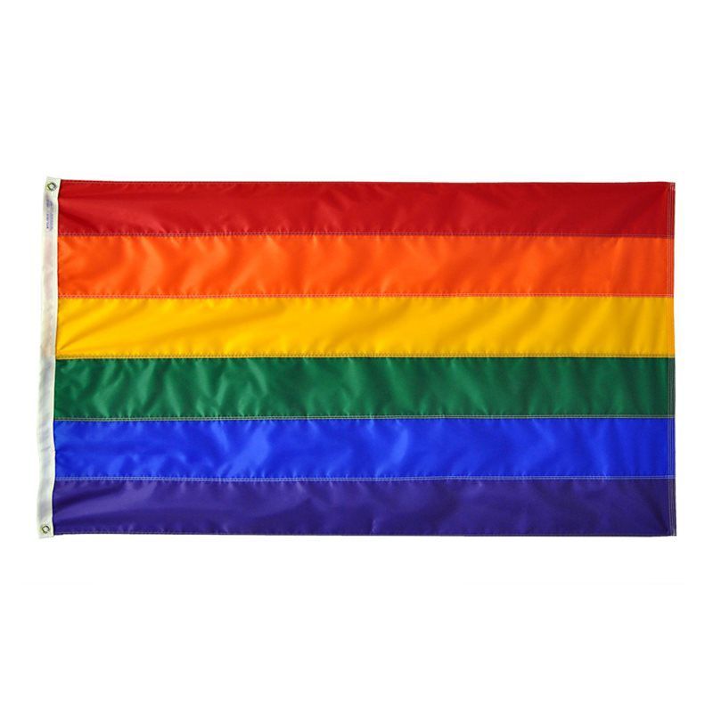 Rainbow flag with horizontal stripes: red, orange, yellow, green, blue, and purple.