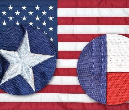 Patches: star on blue, Texas flag, set on American flag.
