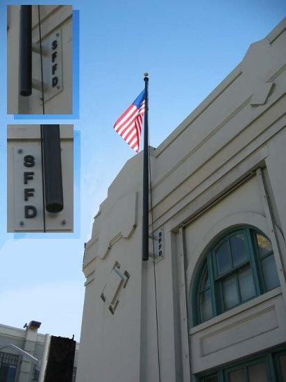 American flag flies on a pole attached to a building with 