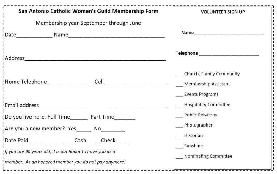 Black-and-white membership form with blank fields and volunteer sign-up section