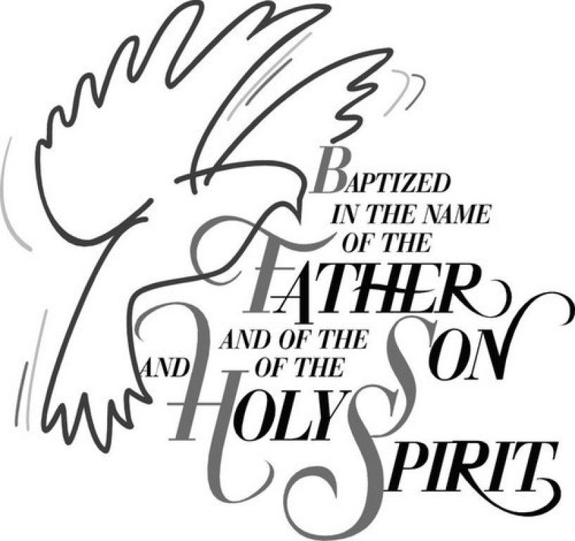 White dove with Bible verse text: “Baptized in the name of the Father and of the Son and of the Holy Spirit.”