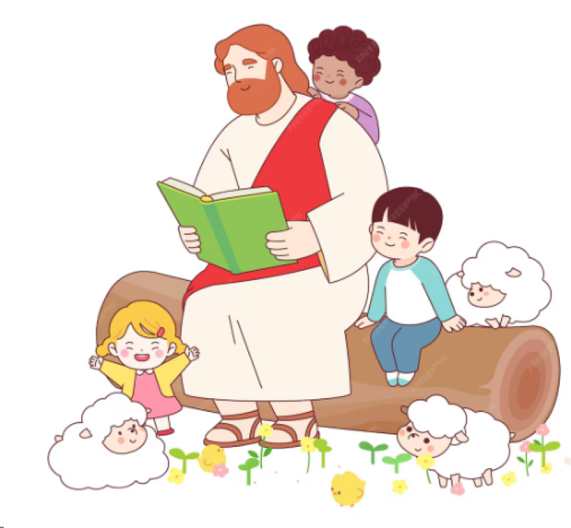 Person reading a green book to children and a lamb by a log in a spring scene