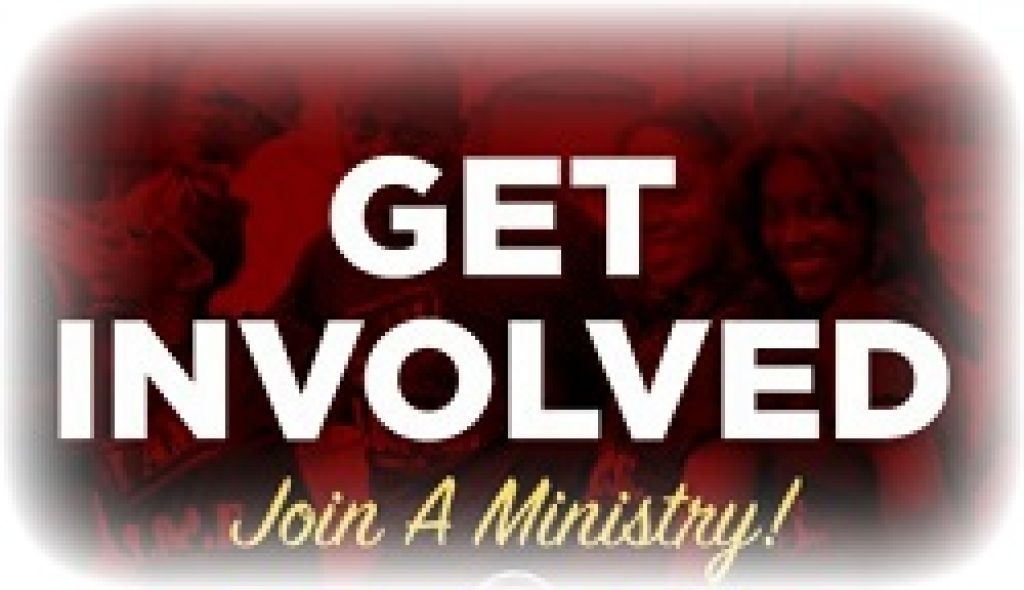 Bold red poster with white text: “GET INVOLVED” and script text “Join A Ministry!”