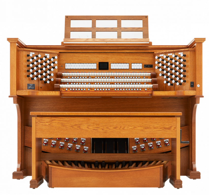 Wooden pipe organ with multiple keyboards and stop knobs, front view
