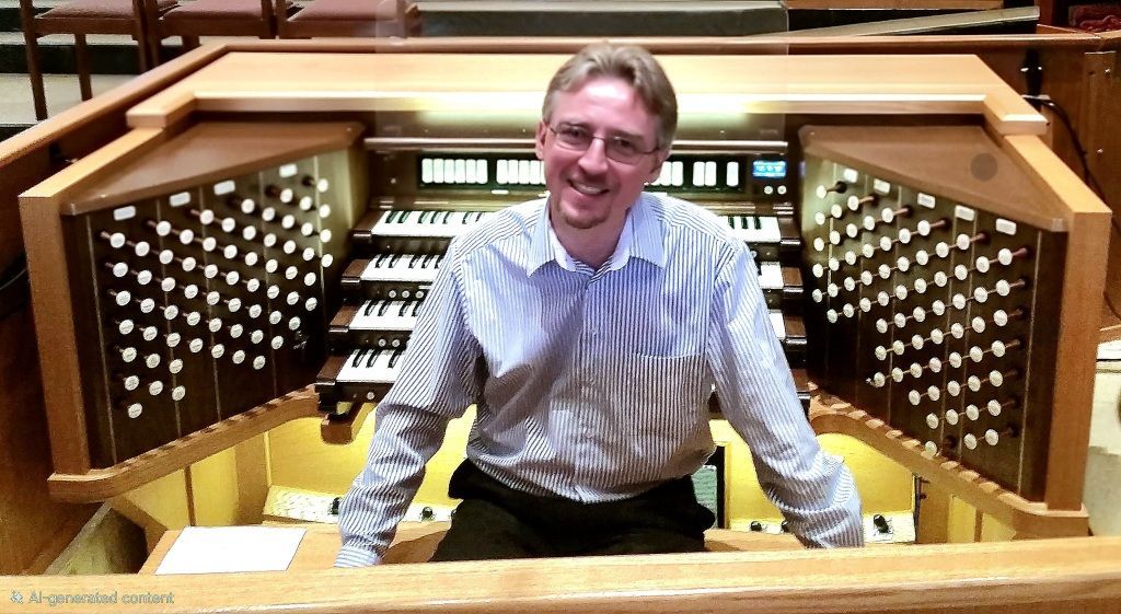 Man smiling at a large organ console with rows of white keys and pipes in a church-like interior