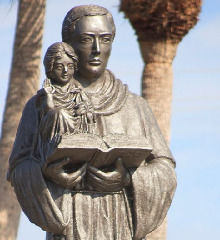 Statue of a robed figure holding a child and open book outdoors with palm trees behind