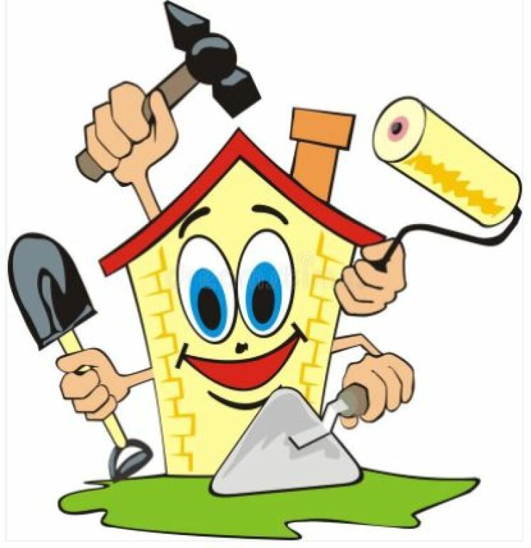 Cartoon house smiling while holding construction tools and painting roller, with roof and walls in progress.