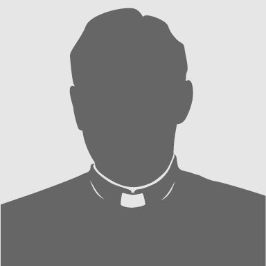 Silhouette of a person wearing a clerical collar on a light gray background