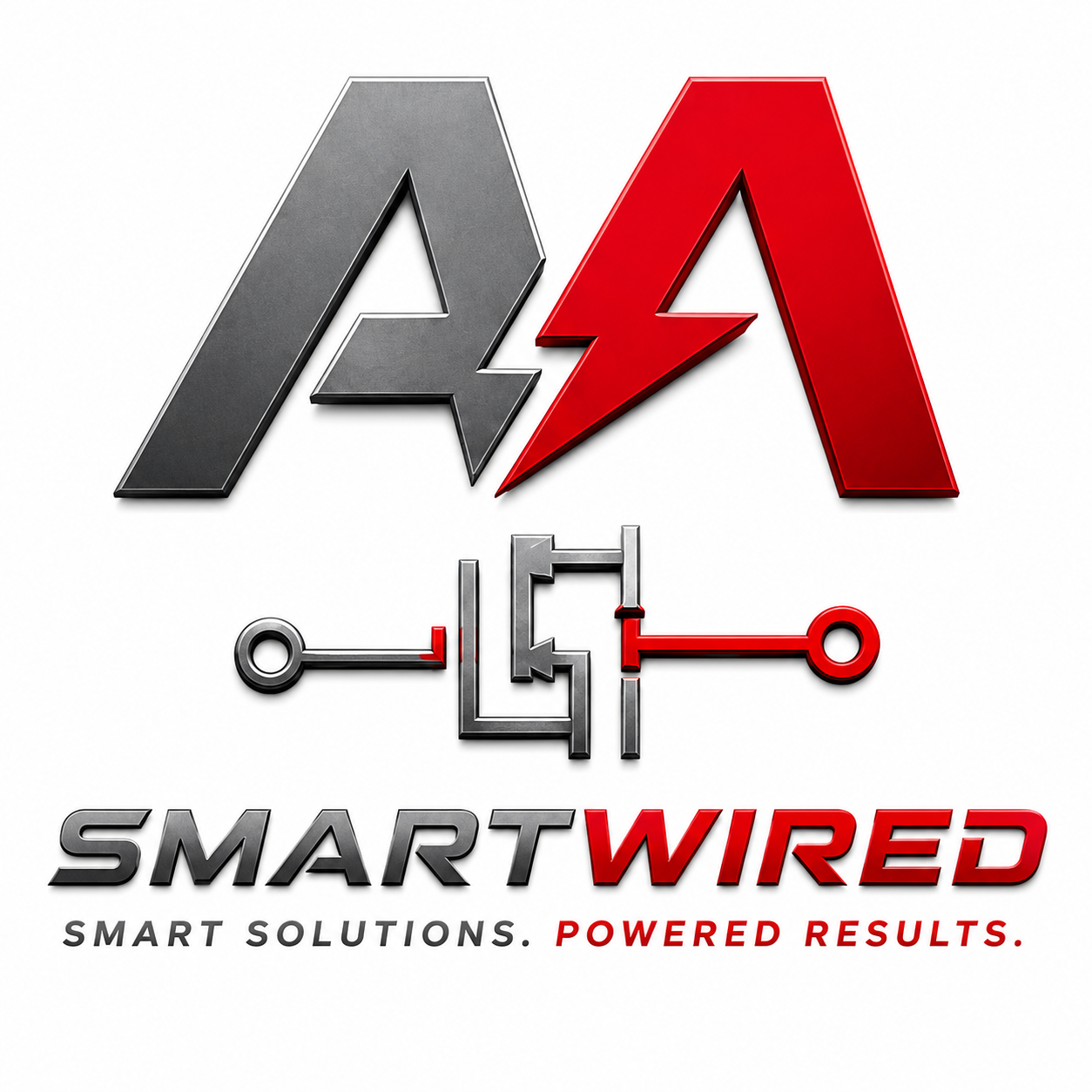 SMARTWIRED logo with gray and red initials, circuit motif, and tagline “Smart solutions. Powered results.”