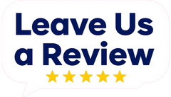 Blue “Leave Us a Review” text with five gold stars on a white speech-bubble sign