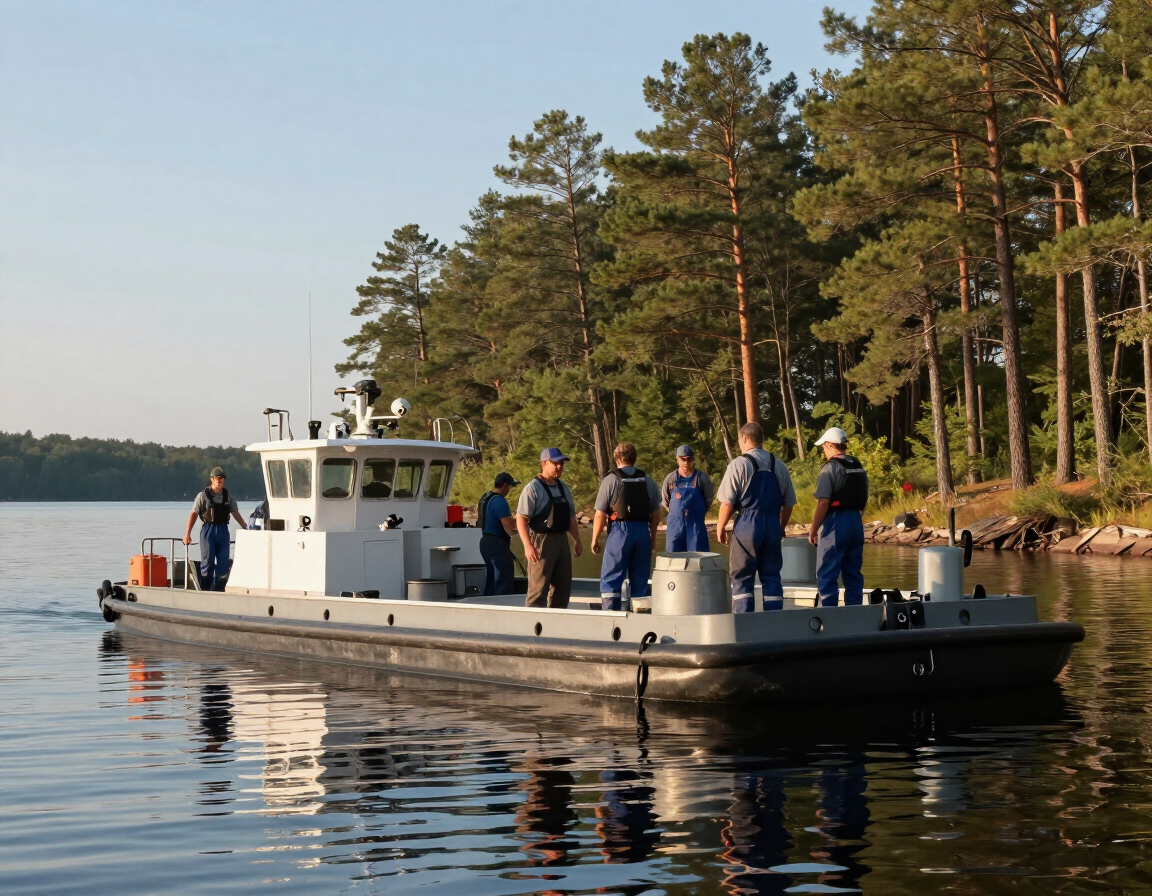 Great Outdoors Services crew on a barge on a Minnesota lake