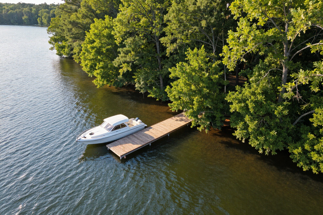 Aerial view of a Minnesota lake with dock and tree-lined shoreline