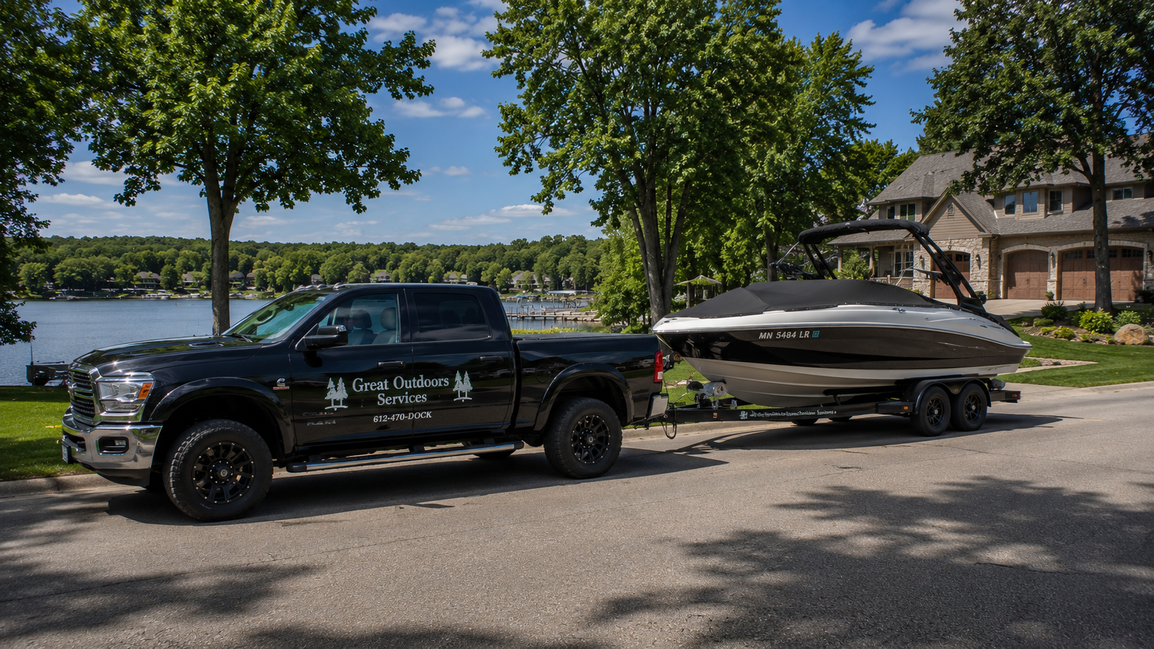 Great Outdoors barge crew on Minnesota lake with dock materials