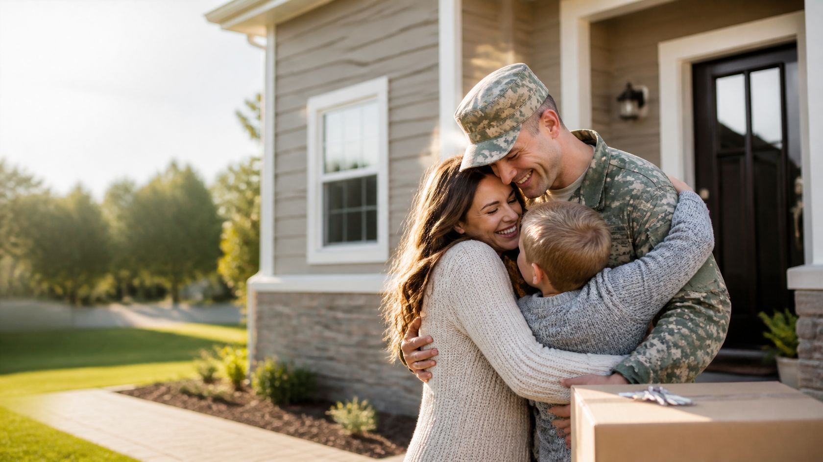 Service member hugging his family in front of their new home