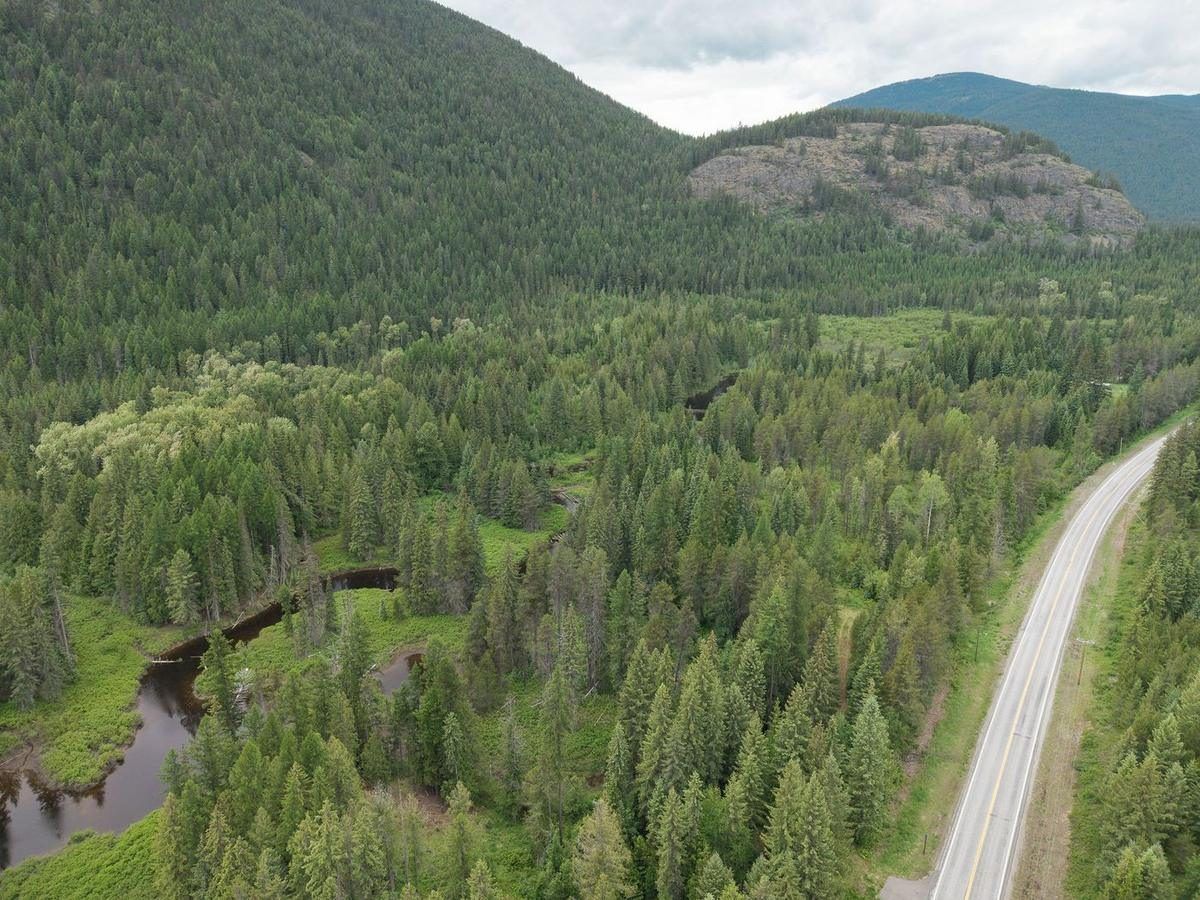 Aerial view of a creek winding through forest along Highway 95 near Eastport, Idaho