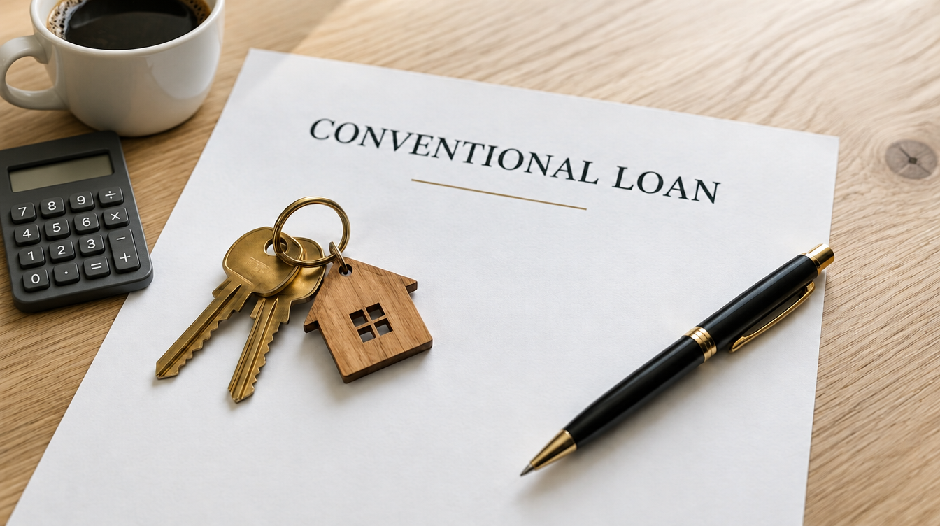 Conventional loan paperwork with house keys, calculator and coffee.