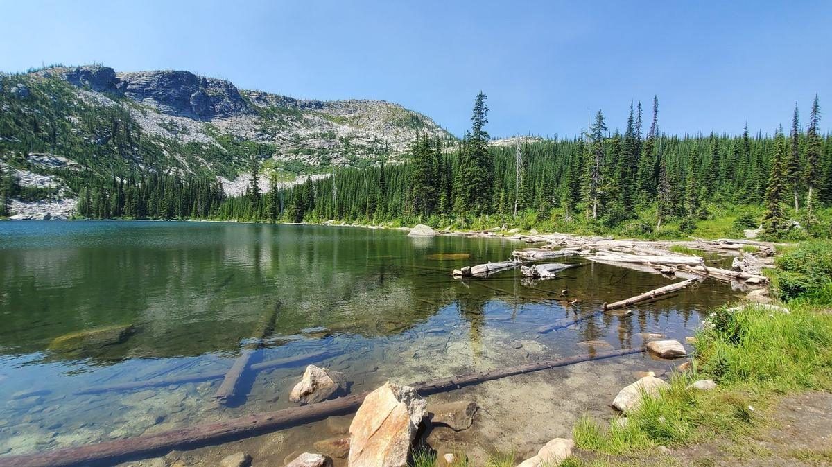 A clear high mountain lake in the Selkirks ringed by granite and subalpine fir in July
