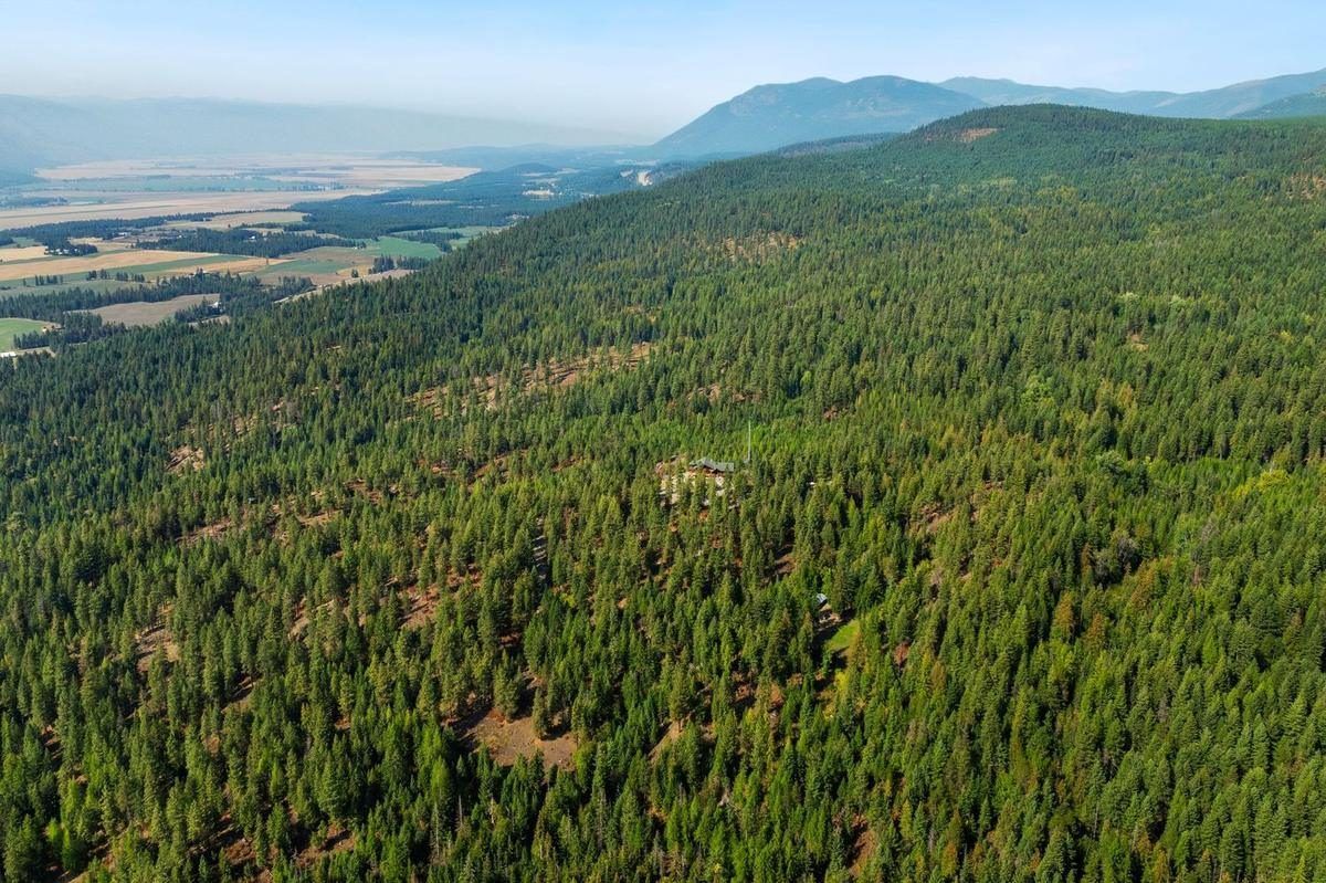 Aerial view of a timbered ridge rolling down toward the Kootenai Valley