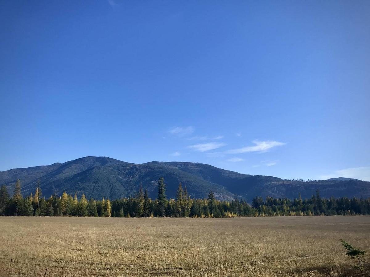 Harvested hay field near Porthill with forested mountains under a clear blue sky