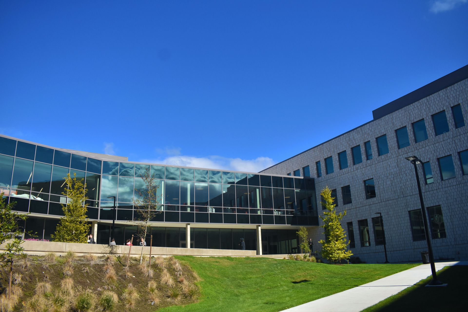 A large building with a lot of windows on a sunny day
