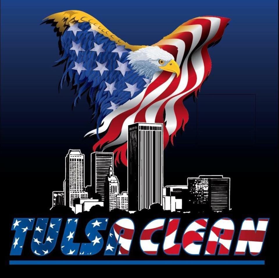 A tulsa clean logo with a bald eagle and an american flag