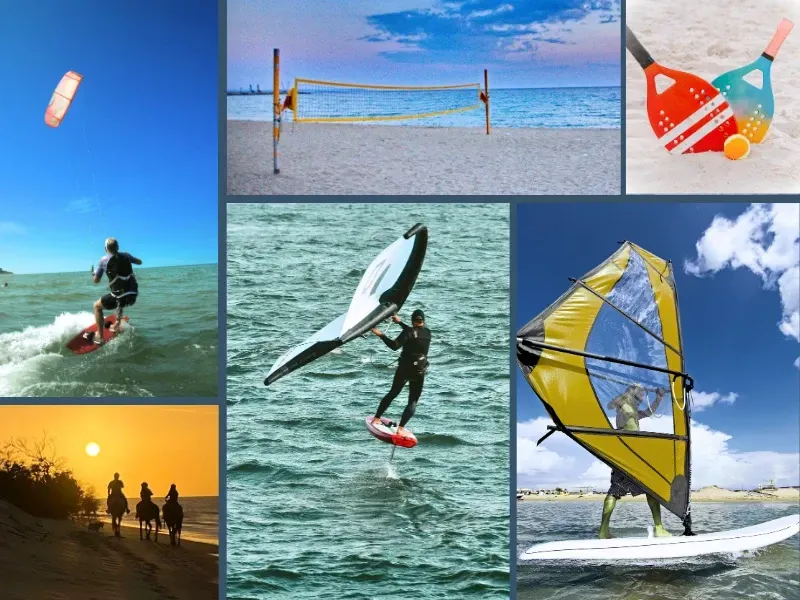 Colagem de fotos mostrando praticantes de Kitesurf, Windsurf e Wingfoil no mar, rede de vôlei na areia, raquetes de beach tennis e silhueta de cavalgada no pôr do sol.
