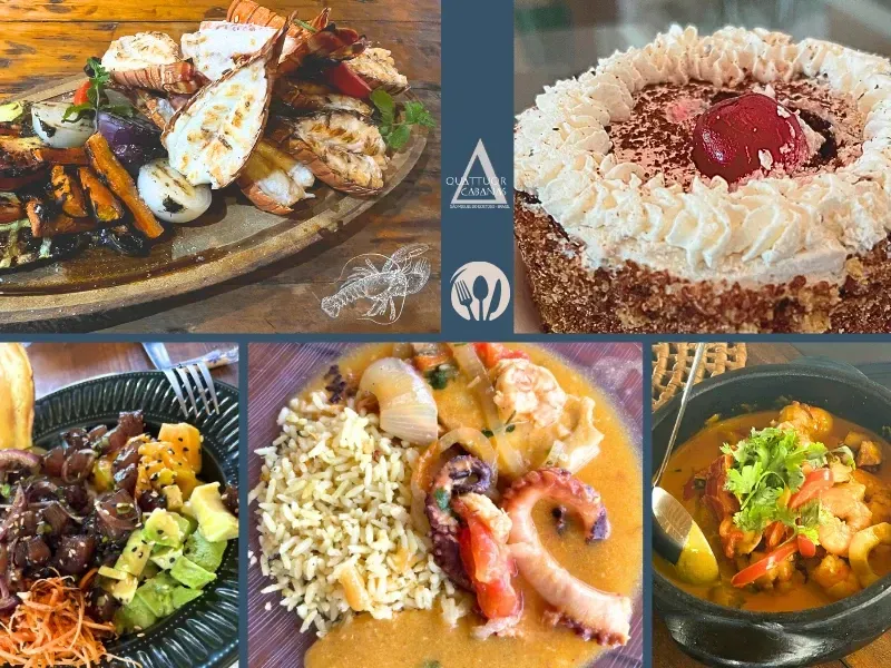 Mosaico de pratos gastronômicos incluindo lagosta grelhada com vegetais, moqueca de peixe, arroz com polvo, poke de atum com abacate e uma sobremesa com creme e cereja.
