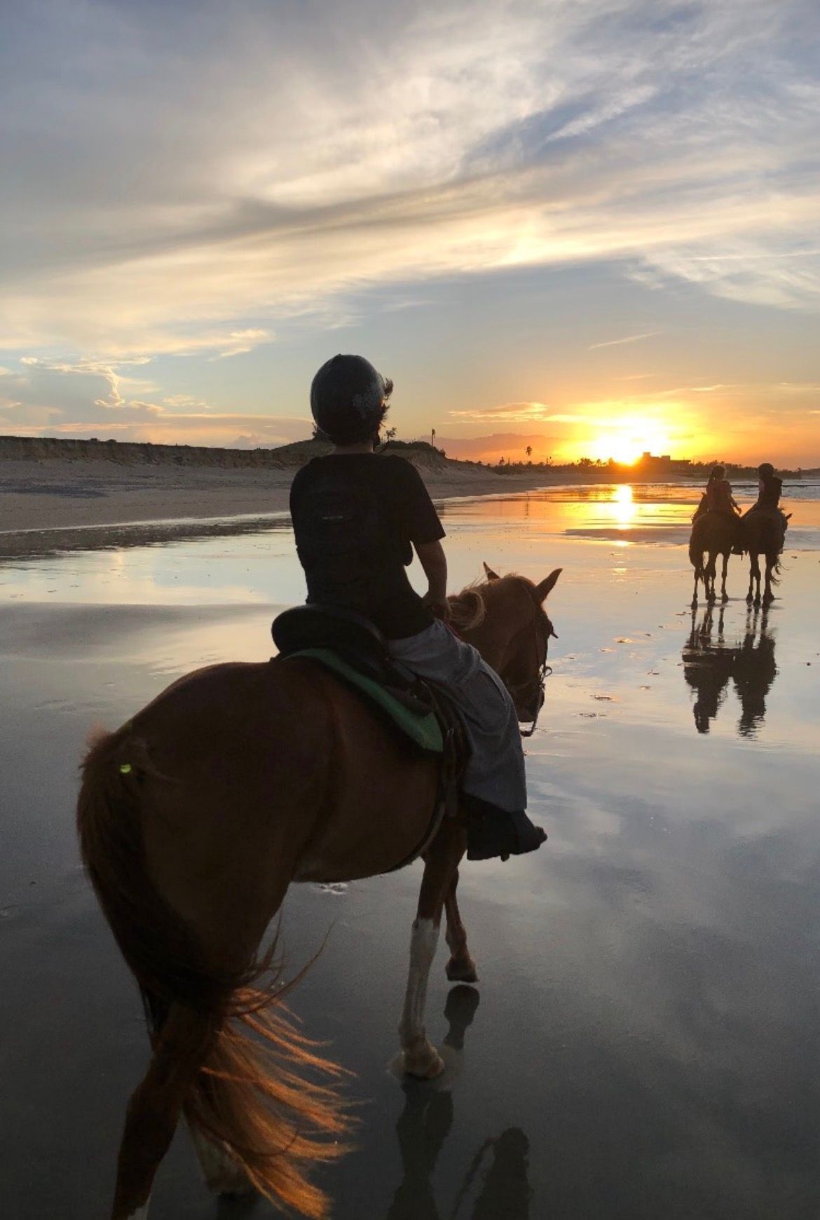 Silhueta de três pessoas andando a cavalo na areia da praia durante um pôr do sol dourado, com o mar ao fundo e vegetação costeira na Ponta do Santo Cristo.