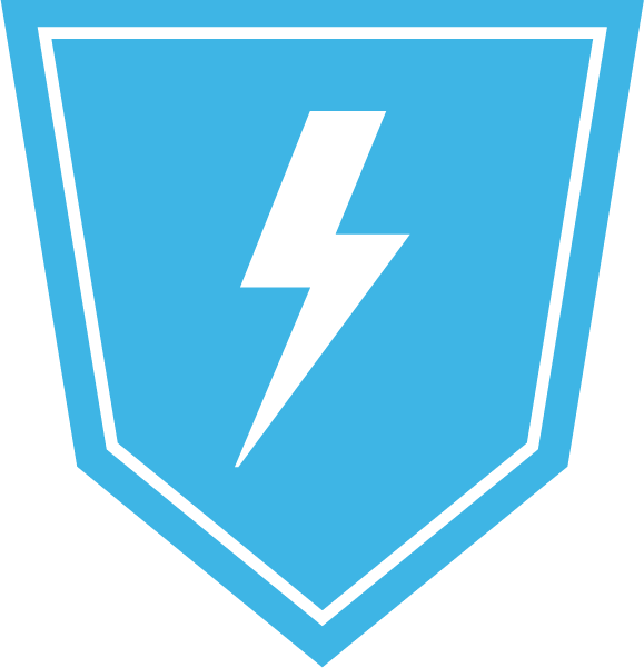 A blue shield with a white gear and a hard hat on it