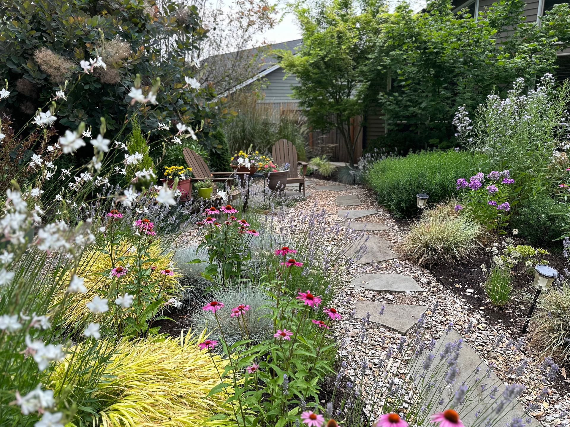 Cedar chip pathway with flagstone and grasses mixed with gaura