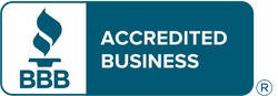 BBB accredited business logo with blue flame icon and white text on teal background