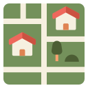 A four-panel icon set with homes, trees, and green landscape blocks on a white background