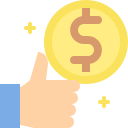 Thumbs-up hand holding a gold coin with a dollar sign on a light blue background.